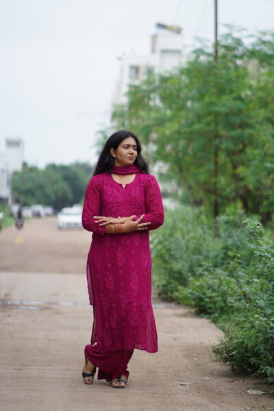 Viscose Premium Lucknowi Cotton Kurti Set | Cherry Red | 3 Piece Set