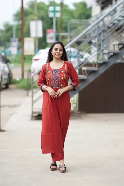 Premium Kutchi Cotton Long Kurti (Red) l 2 Piece