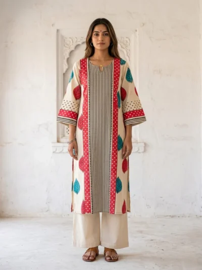 Mulson Ivory Leaf Stripe Kurta Set