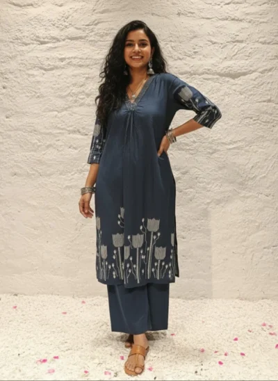 Krystle Navy Printed Kurta Pant Set