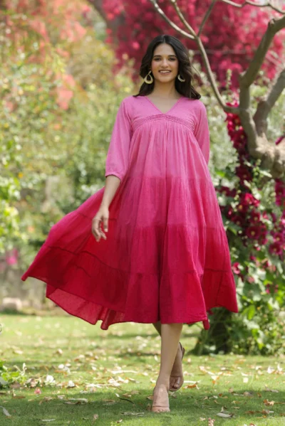 Pink Ombre Cotton Dobby Tiered Designer Dress