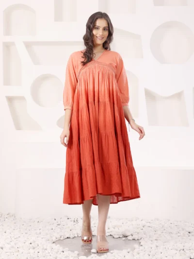Rust Cotton Dobby Tiered Designer Dress